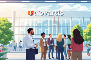 Image d'un bureau Novartis avec un graphique sur les salaires et avantages des employés.