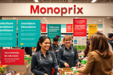 Image illustrant les opportunités d'emploi chez Monoprix, mettant en avant les salaires et les bénéfices associés.