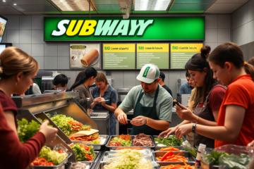 Un employé de Subway préparant un sandwich tout en expliquant les salaires et bénéfices